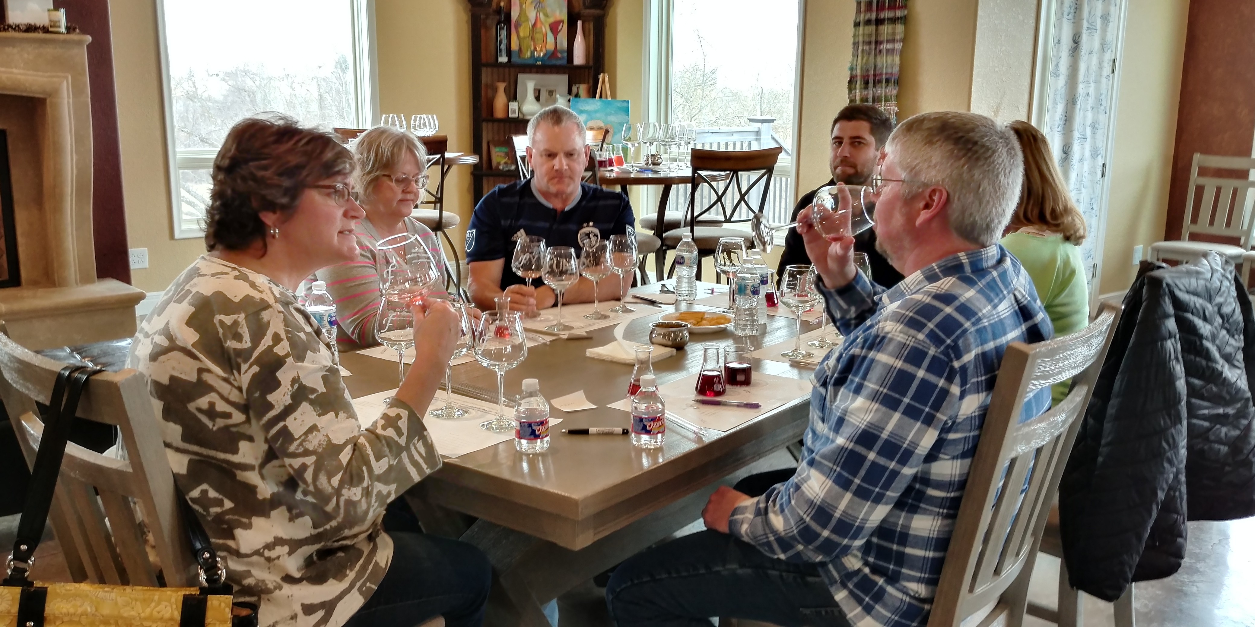 Wine samples arranged for a guided blending exercise at Fence Stile