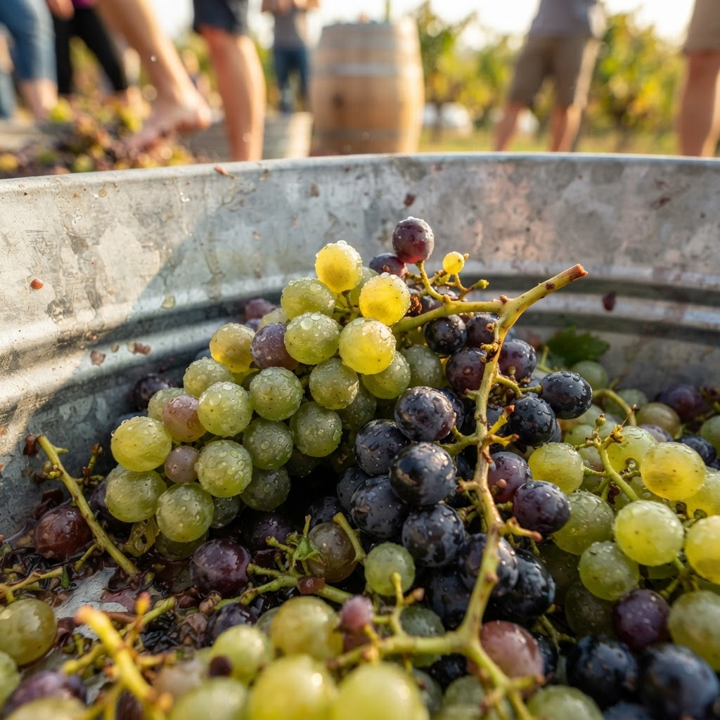 Grapes being stomped during a Fence Stile Grape Stomp