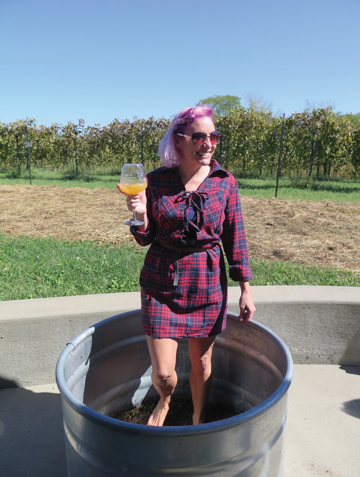 Guest standing in a grape stomp tub at Fence Stile