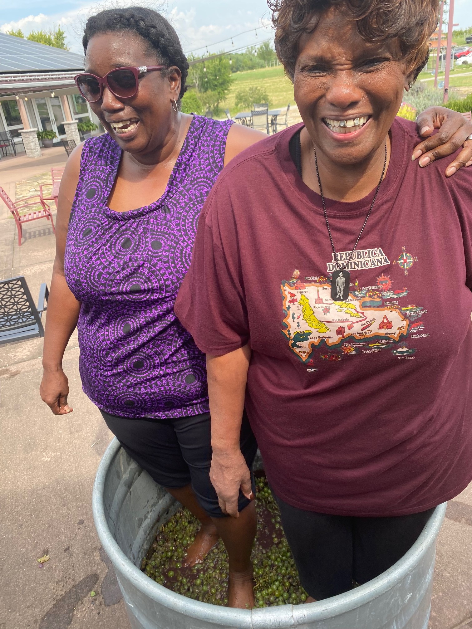 Friends laughing together while stomping grapes at Fence Stile