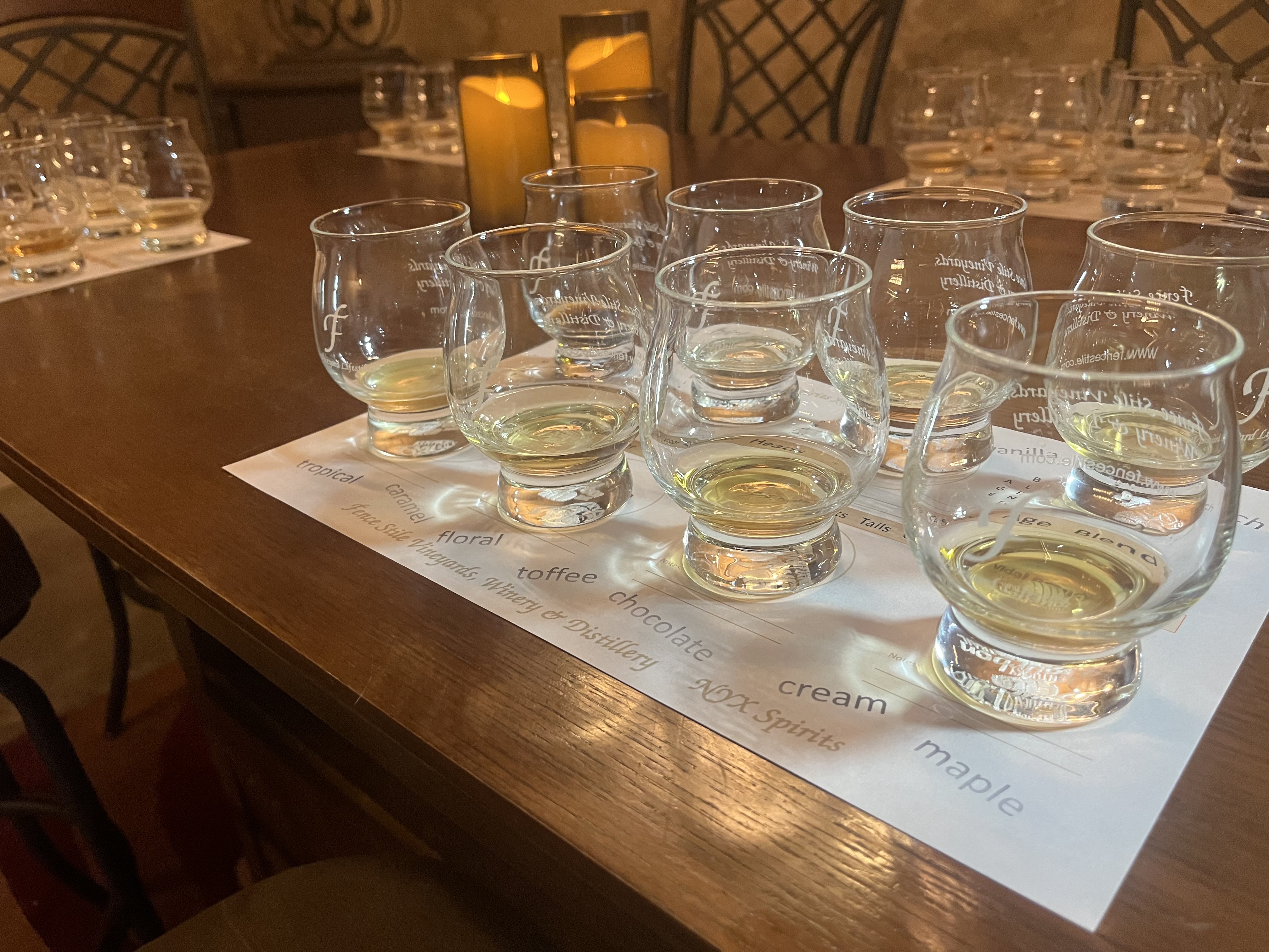 Rum tasting glasses set for a blending workshop at Fence Stile Distillery