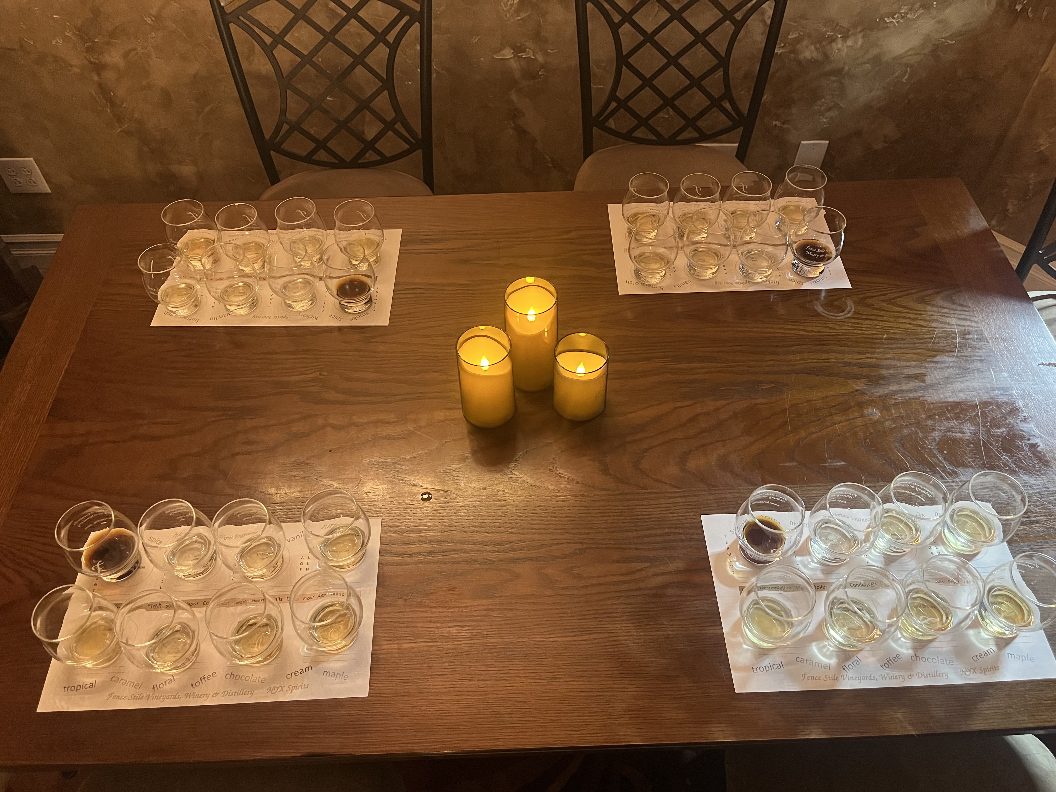 A Fence Stile blending workshop table set with tasting glasses and candles