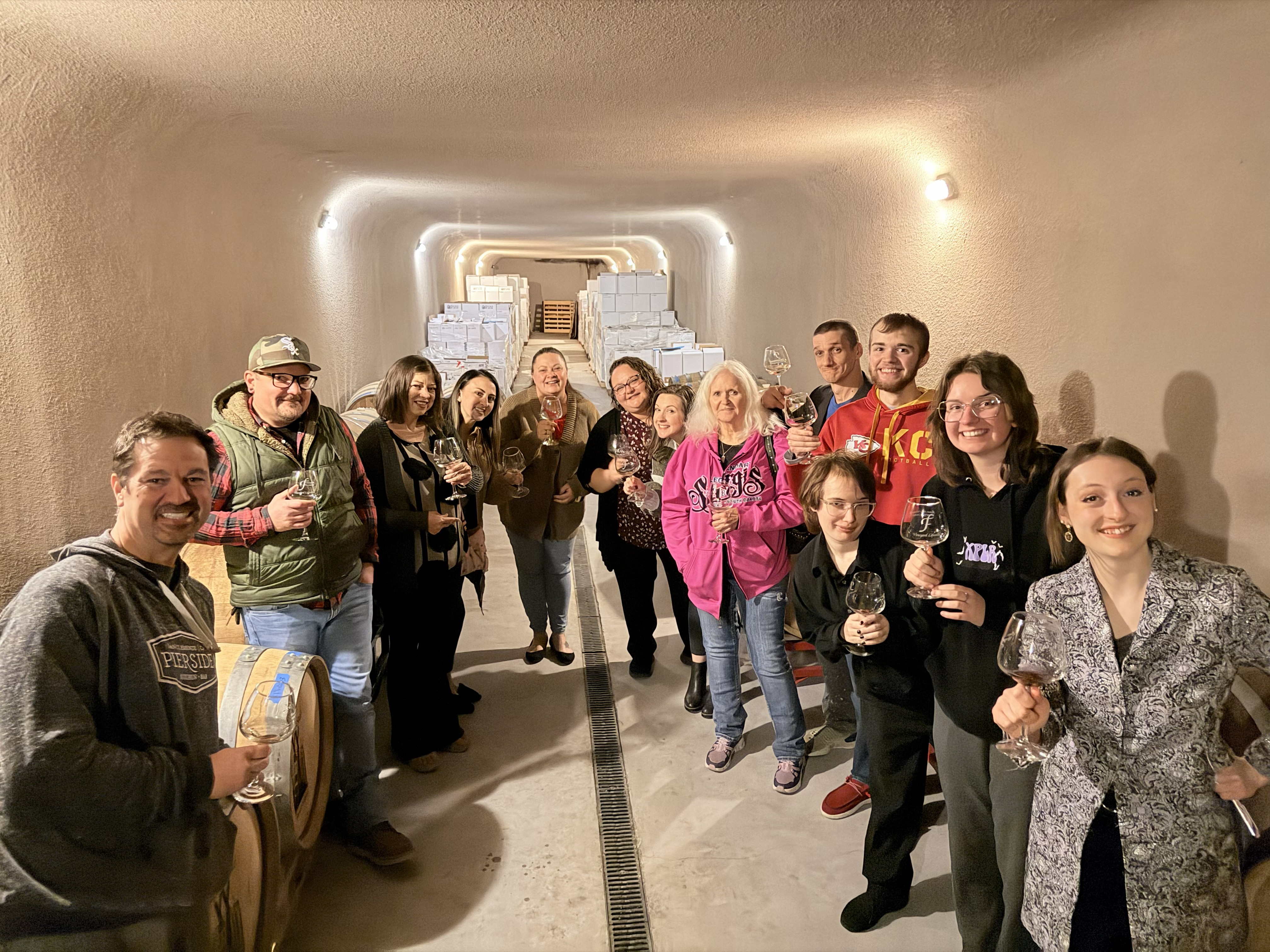Private group gathered inside the Fence Stile wine cave
