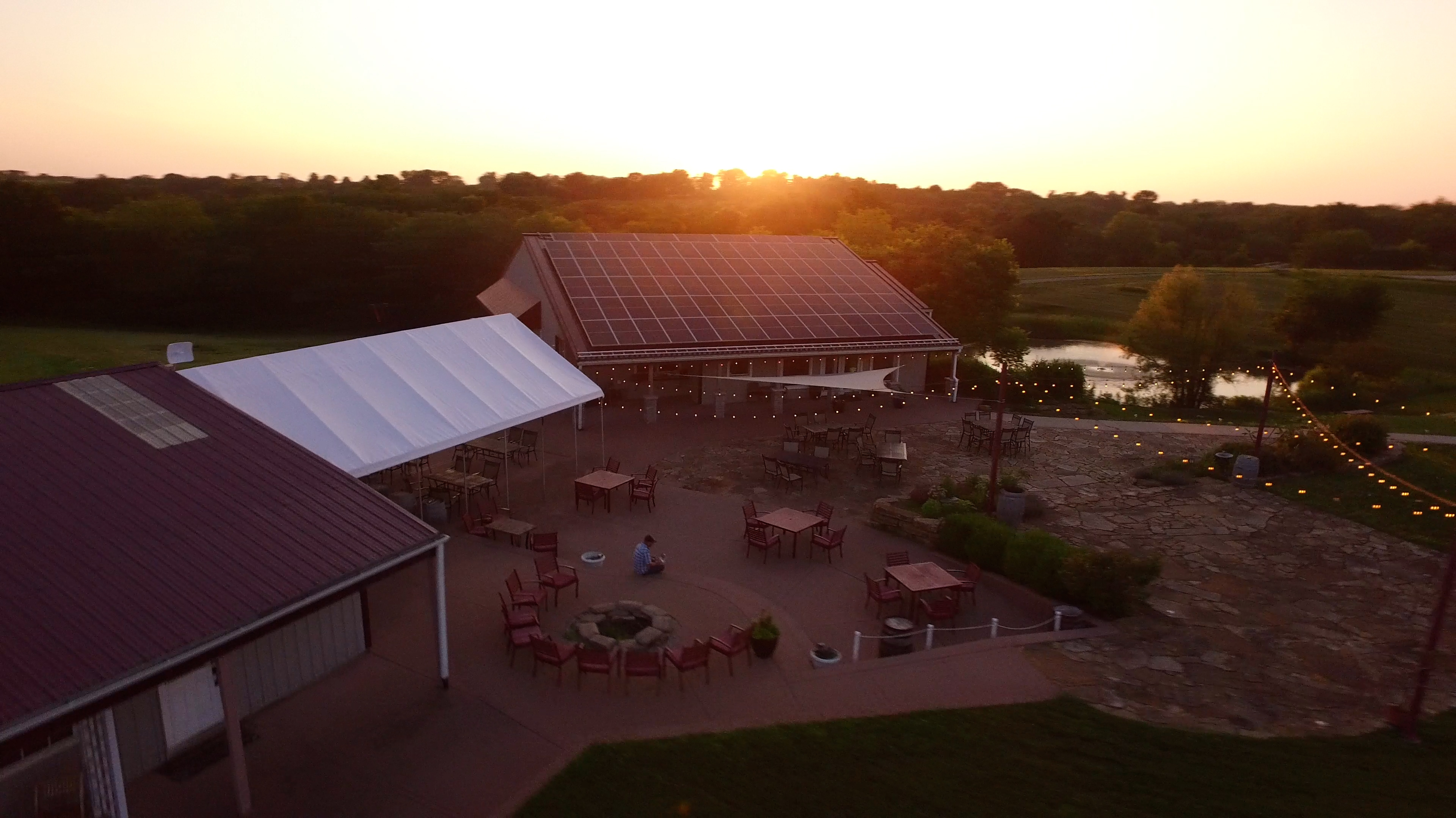 Patio and firepit at Fence Stile Vineyards at dusk