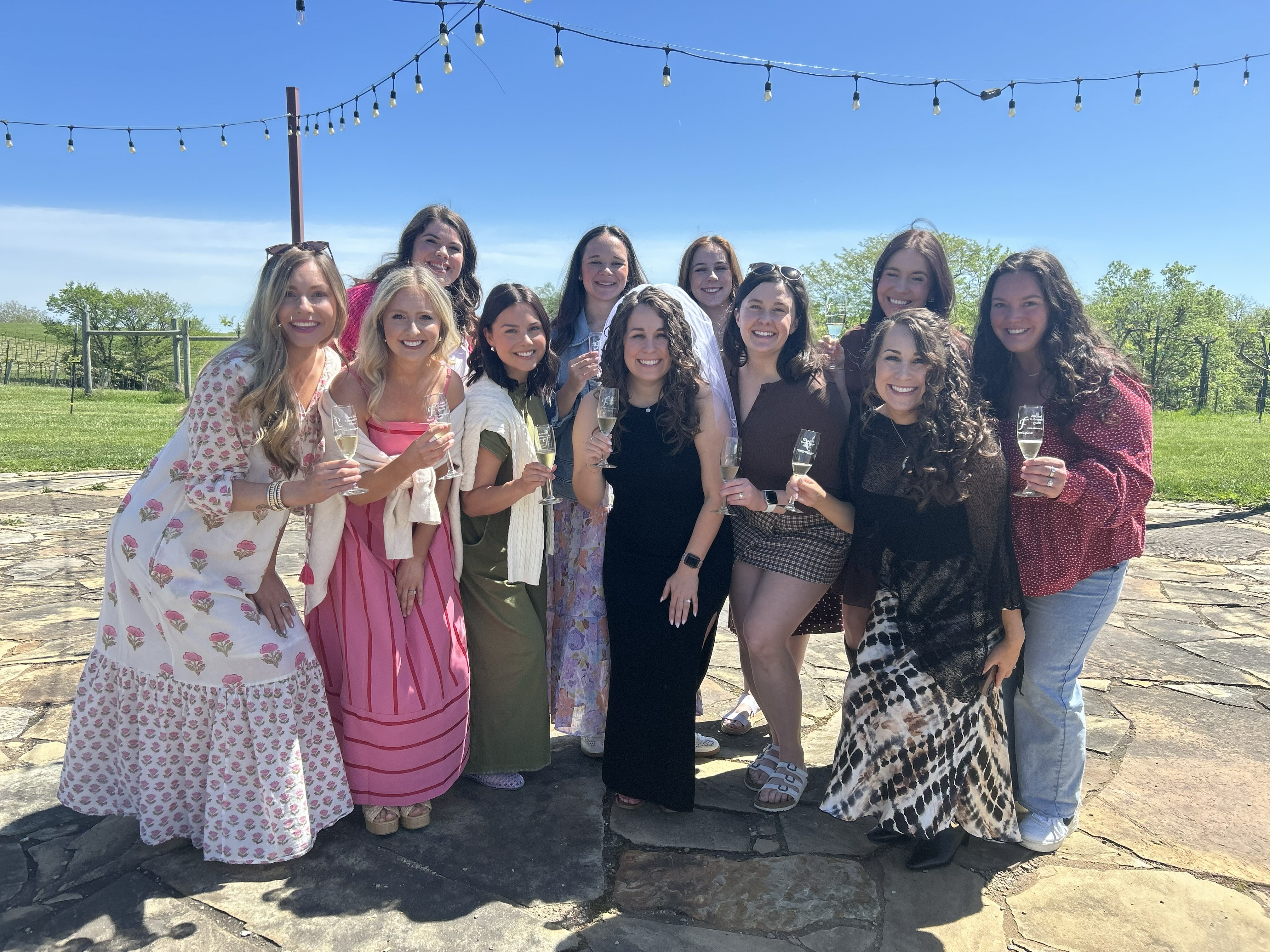 Wedding-weekend guests raising glasses together at Fence Stile
